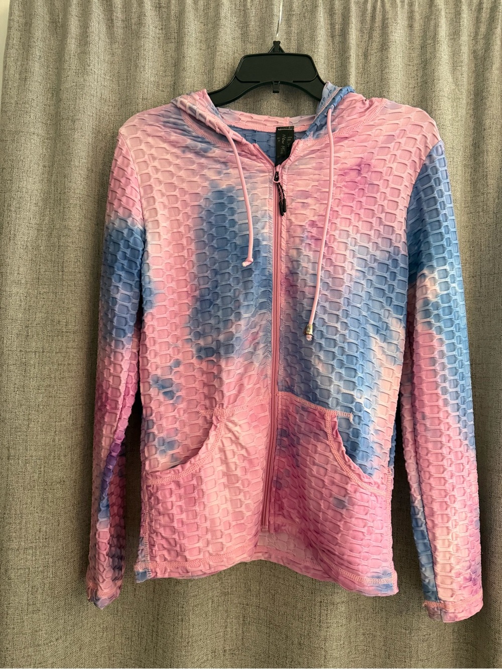 Women's Tie-Dye Textured Zip Hoodie Jogging Set - Pink & Blue